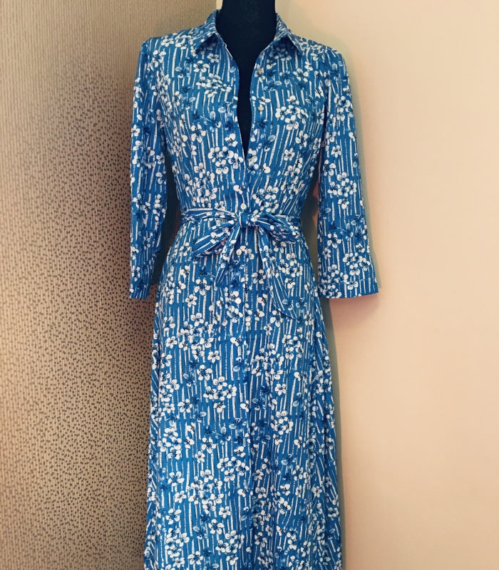 Blue Shirt Dress with White Flower Print