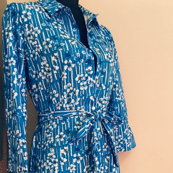 Blue Shirt Dress with White Flower Print
