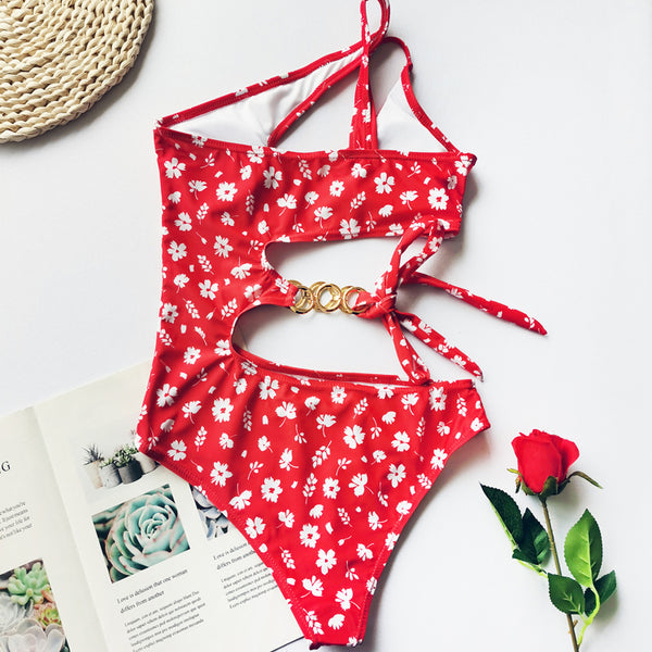 Red One Shoulder Swimsuit with Gold Chain